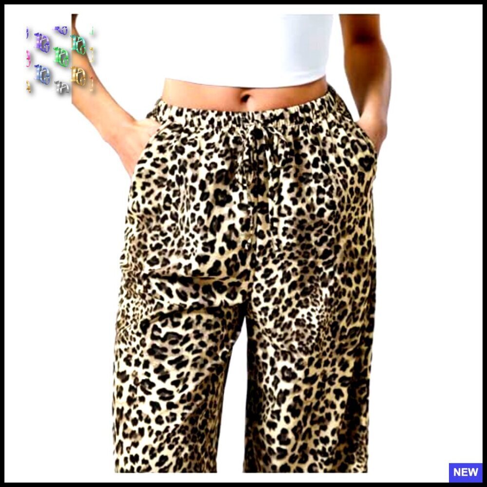 Leopard Print Wide Leg Trousers Drawstring Waist Tie Front Chic Casual - Picture 5 of 5